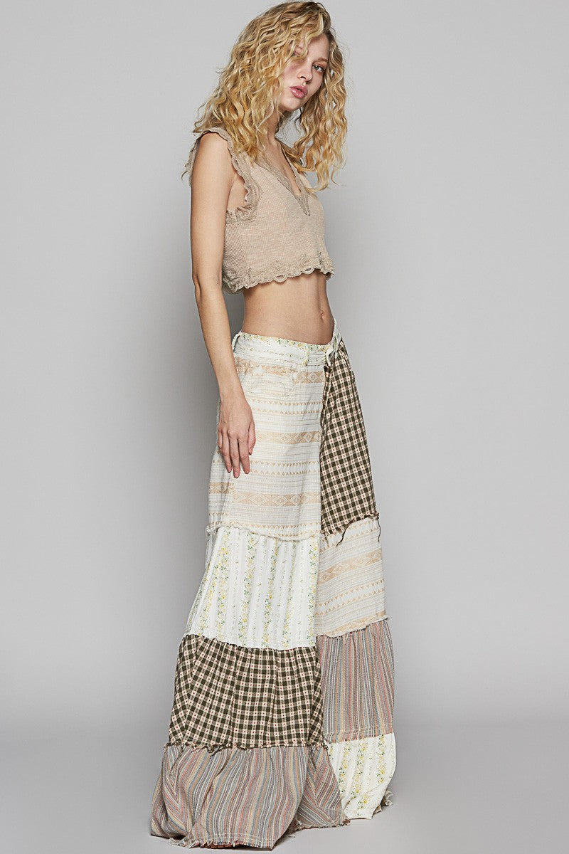 POL Contrasting Panel Patchwork Wide Leg Pants in Natural Multi