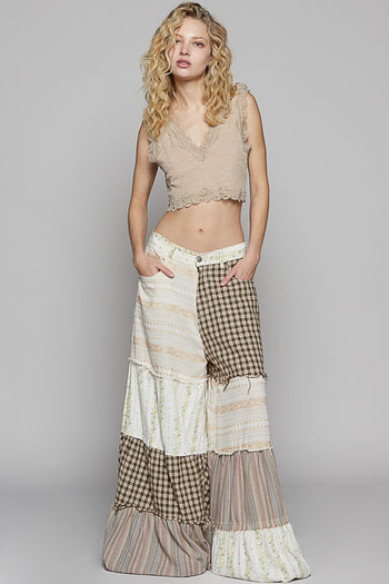 POL Contrasting Panel Patchwork Wide Leg Pants in Natural Multi