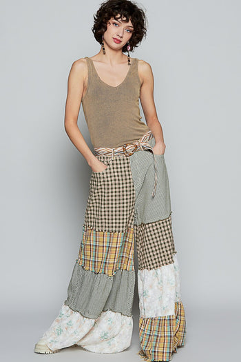 POL Contrasting Panel Patchwork Wide Leg Pants in Olive Multi