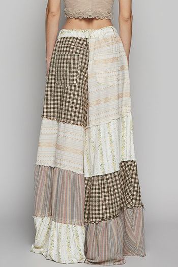 POL Contrasting Panel Patchwork Wide Leg Pants in Natural Multi