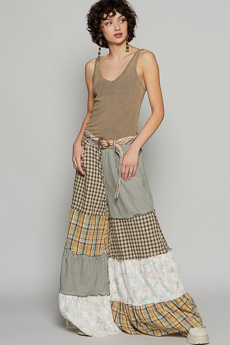 POL Contrasting Panel Patchwork Wide Leg Pants in Olive Multi
