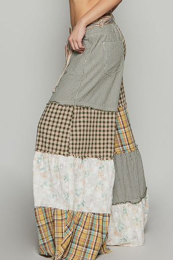 POL Contrasting Panel Patchwork Wide Leg Pants in Olive Multi