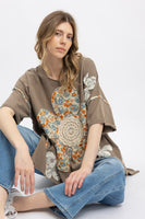 BlueVelvet Flower Patchwork OVERSIZED Top in Mushroom