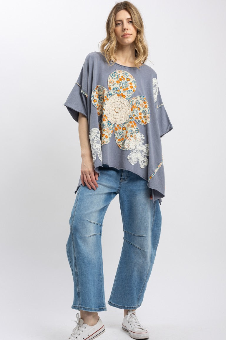 BlueVelvet Flower Patchwork OVERSIZED Top in Steel Blue – June Adel