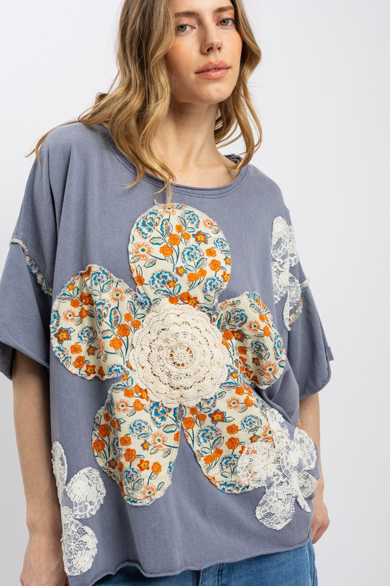【新品】MARTE Patchwork Circular Top BlueVelvet Flower Patchwork OVERSIZED Top in Steel Blue – June Adel
