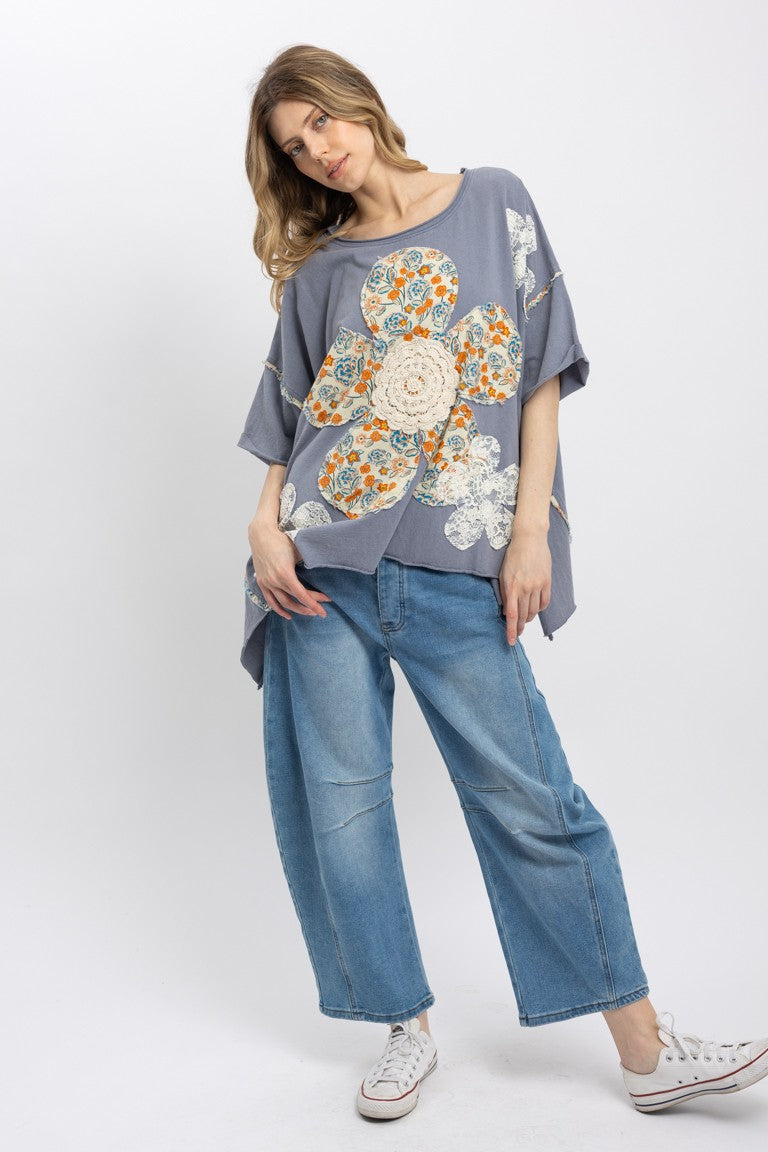 BlueVelvet Flower Patchwork OVERSIZED Top in Steel Blue – June Adel