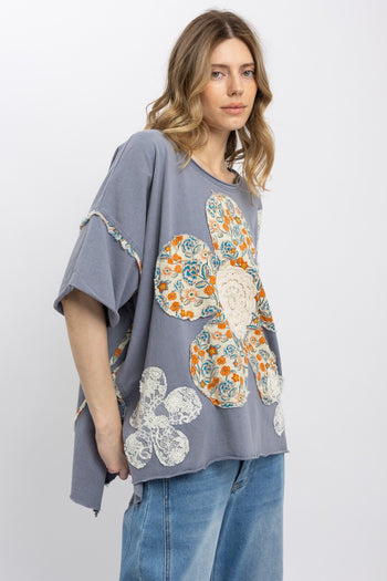 BlueVelvet Flower Patchwork OVERSIZED Top in Steel Blue