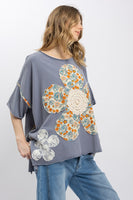 BlueVelvet Flower Patchwork OVERSIZED Top in Steel Blue