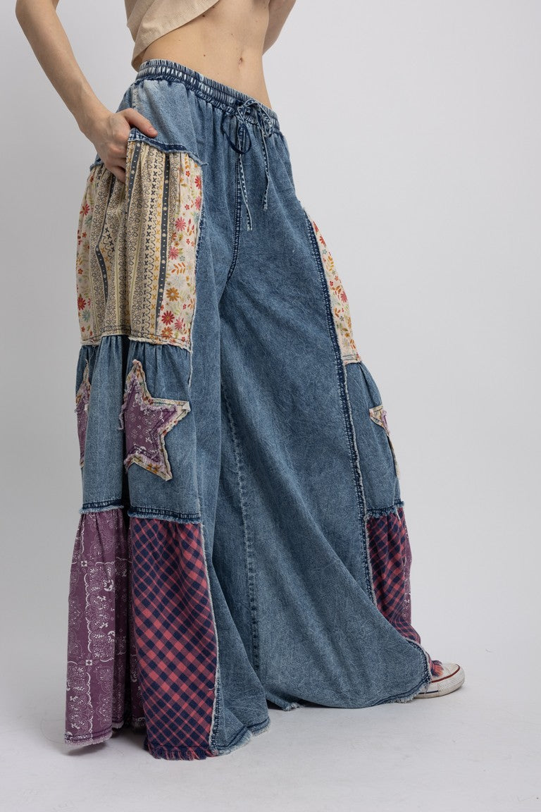 BlueVelvet Denim and Multi Print Fabric Wide Leg Pants in Light