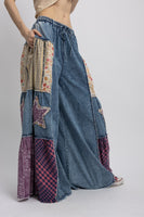 BlueVelvet Denim and Multi Print Fabric Wide Leg Pants in Light Denim