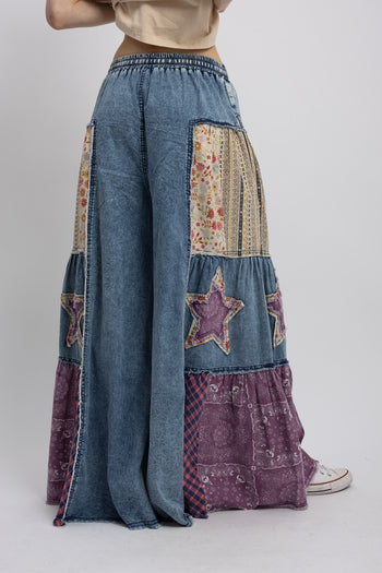 BlueVelvet Denim and Multi Print Fabric Wide Leg Pants in Light Denim