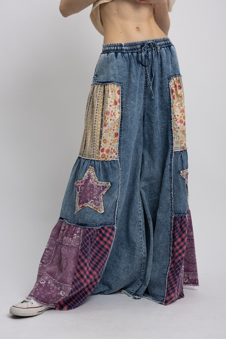 BlueVelvet Denim and Multi Print Fabric Wide Leg Pants in Light