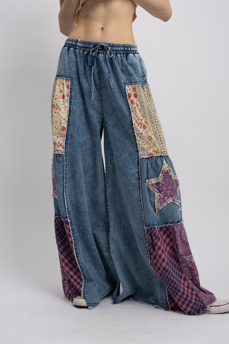 BlueVelvet Denim and Multi Print Fabric Wide Leg Pants in Light