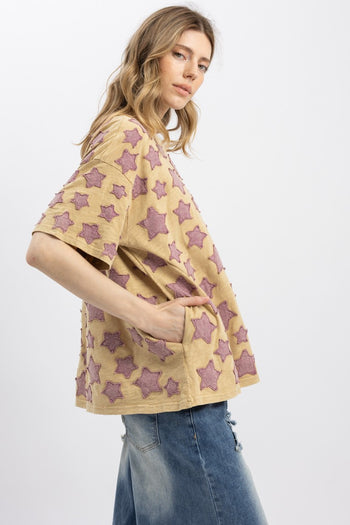BlueVelvet Multi Size Star Patched Top in Taupe
