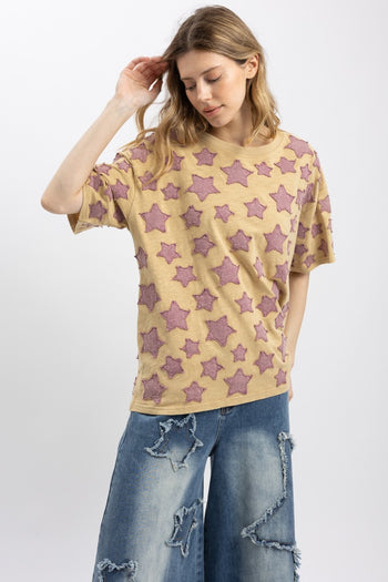 BlueVelvet Multi Size Star Patched Top in Taupe