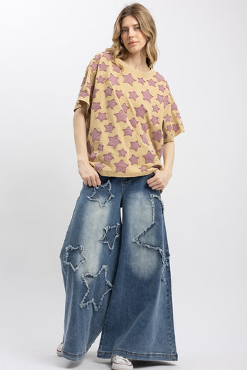 BlueVelvet Multi Size Star Patched Top in Taupe