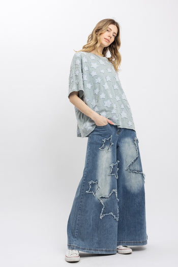 BlueVelvet Multi Size Star Patched Top in Denim