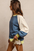 BiBi French Terry Color Block Top in Indigo/Lime