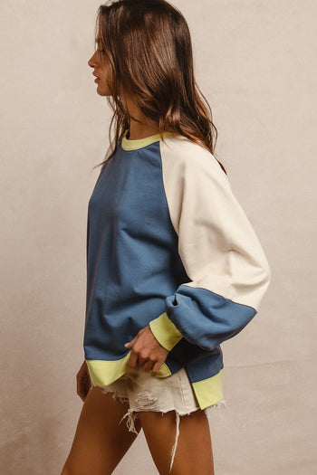 BiBi French Terry Color Block Top in Indigo/Lime