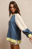 BiBi French Terry Color Block Top in Indigo/Lime