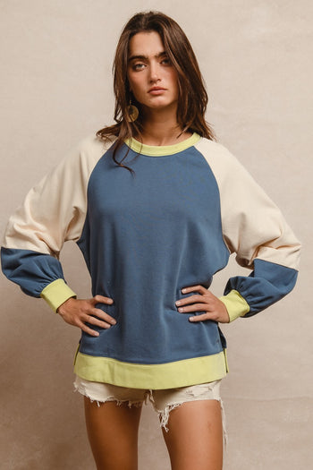 BiBi French Terry Color Block Top in Indigo/Lime