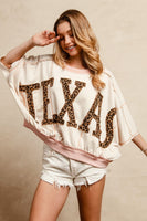 BiBi OVERSIZED Top with Leopard Print Letter Patchwork TEXAS  in Oatmeal/D.Rose