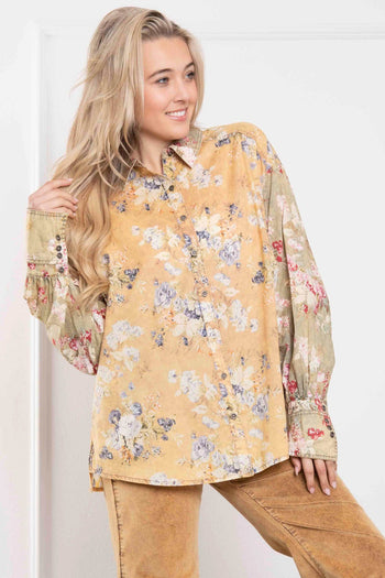 BlueVelvet OVERSIZED Floral Print Button Down Top in Taupe