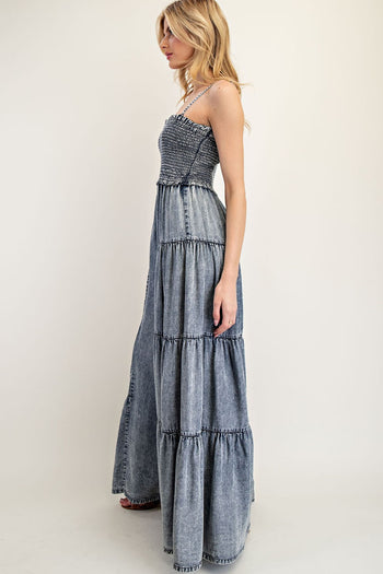 ee:some Mineral Washed Tiered Wide Leg Jumpsuit in Denim