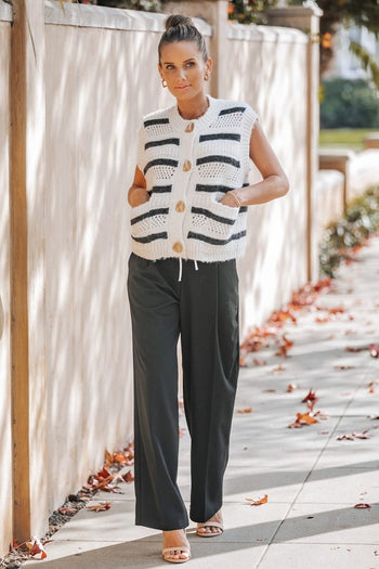 Lavender J Crochet Striped Sweater Vest in Cream/Black