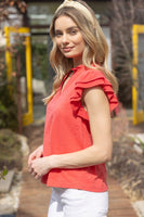 VOY Solid Color Knit Top with Contrasting Bands in Coral