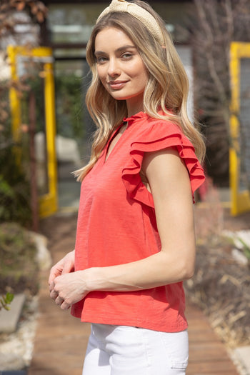 VOY Solid Color Knit Top with Contrasting Bands in Coral