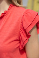 VOY Solid Color Knit Top with Contrasting Bands in Coral