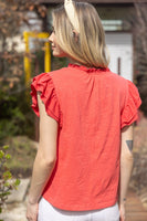 VOY Solid Color Knit Top with Contrasting Bands in Coral