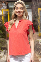 VOY Solid Color Knit Top with Contrasting Bands in Coral