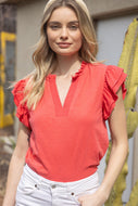 VOY Solid Color Knit Top with Contrasting Bands in Coral