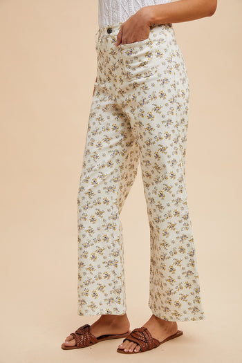 AnnieWear Ditsy Floral Print Wide Leg Jeans in Ivory