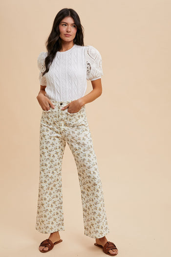 AnnieWear Ditsy Floral Print Wide Leg Jeans in Ivory