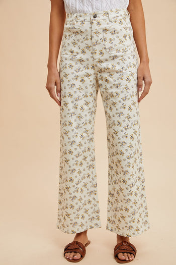 AnnieWear Ditsy Floral Print Wide Leg Jeans in Ivory