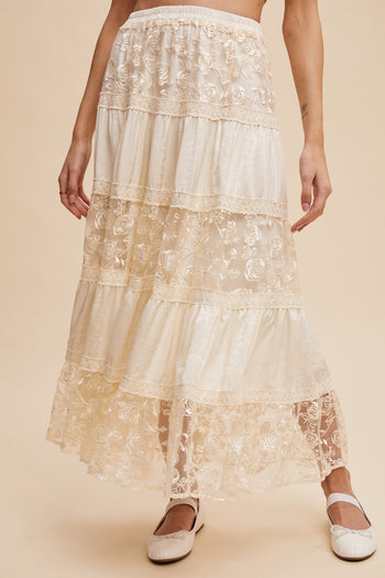 Listicle Floral Embroidered Lace Maxi Skirt in Cream