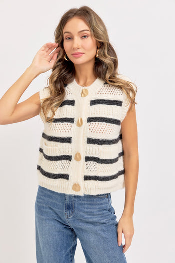 Sweet Lovely Striped Open Knit Sweater Vest in Ivory/Charcoal