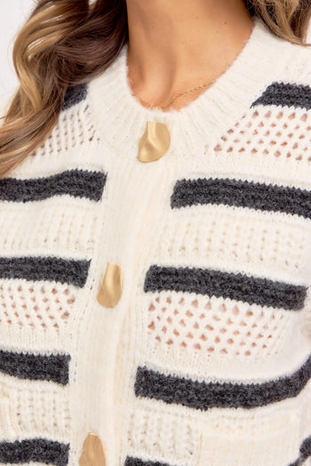Sweet Lovely Striped Open Knit Sweater Vest in Ivory/Charcoal