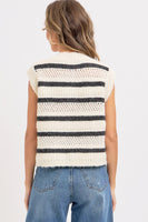 Sweet Lovely Striped Open Knit Sweater Vest in Ivory/Charcoal
