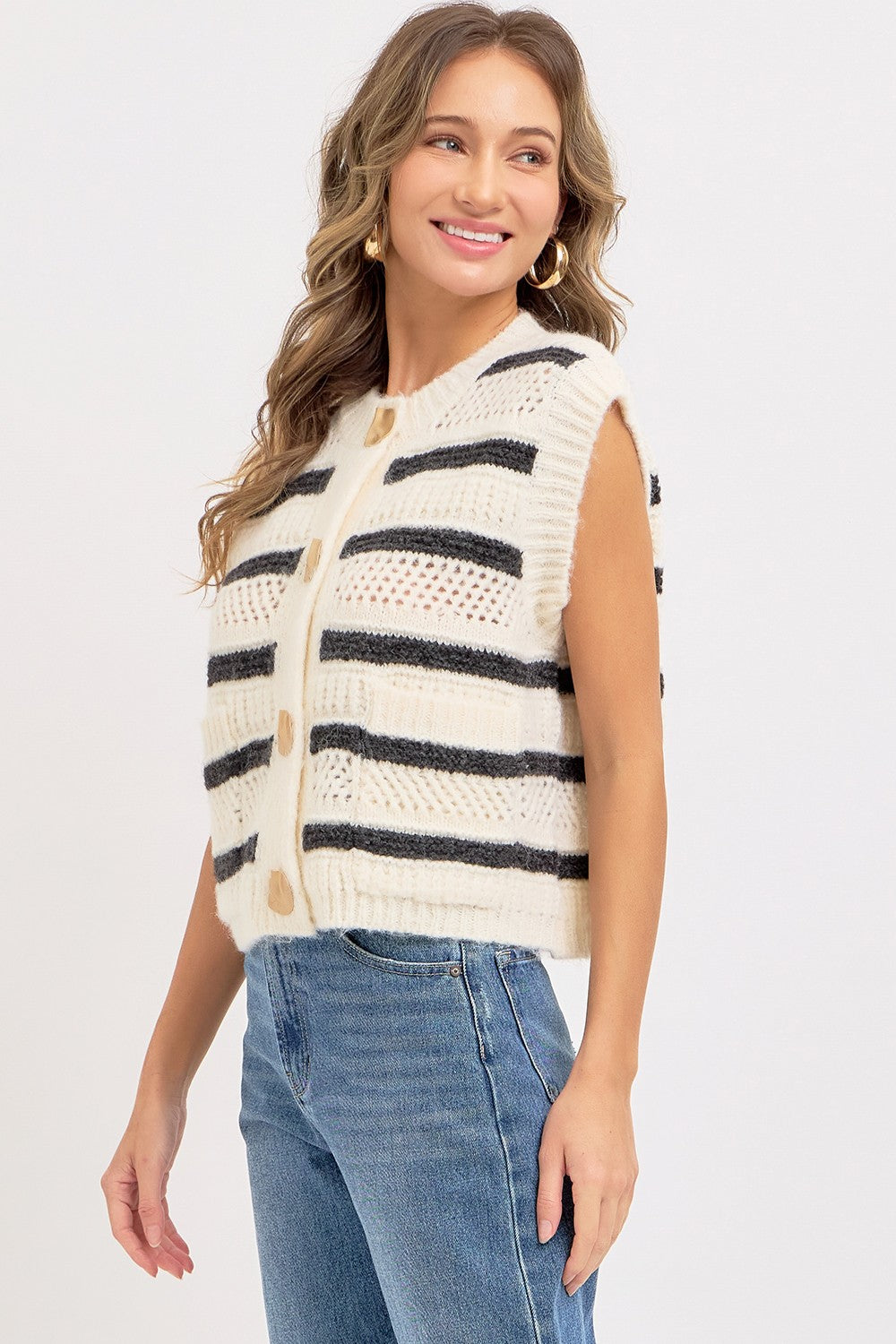 Sweet Lovely Striped Open Knit Sweater Vest in Ivory/Charcoal