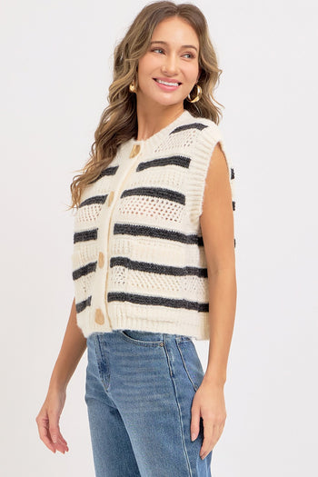 Sweet Lovely Striped Open Knit Sweater Vest in Ivory/Charcoal