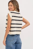 Sweet Lovely Striped Open Knit Sweater Vest in Ivory/Charcoal