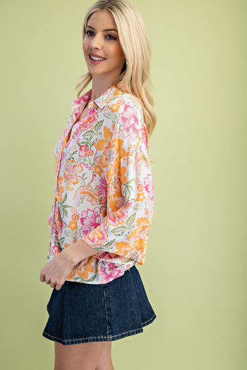 GiGio Floral Print Ruched Front Top in Pink