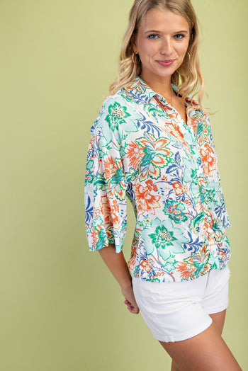 GiGio Floral Print Ruched Front Top in Mint