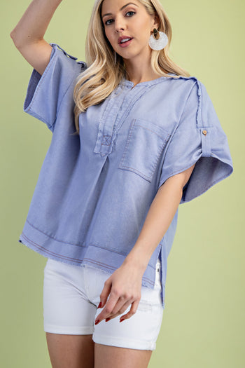 GiGio Solid Color Linen Blend Top in Periwinkle