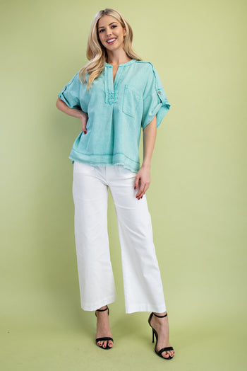 GiGio Solid Color Linen Blend Top in Mint