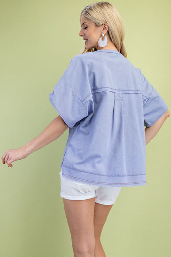 GiGio Solid Color Linen Blend Top in Periwinkle